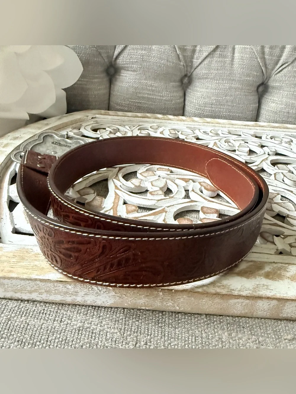 Nocona Brown Leather Belt with Ornate Turquoise-Accented Buckle Vintage 38